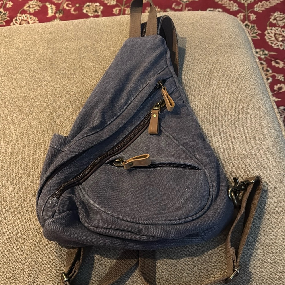 Unbranded Grey Canvas Leather Trim Sling Backpack Bag (TD)